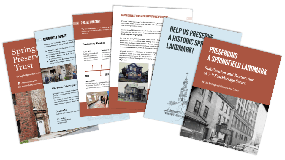 7-9 Stockbridge Street Restoration project plan graphic, showcasing 6 pages of the 16-page report